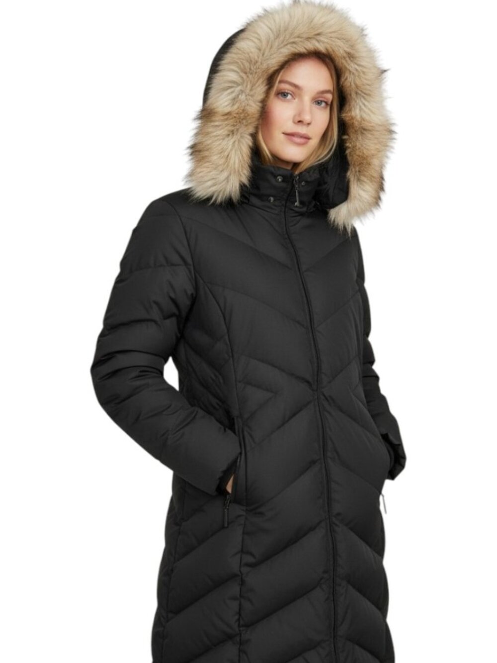 Weatherproof Long Quilted Down Puffer Coat Faux Fur Hood Removable Black Size M